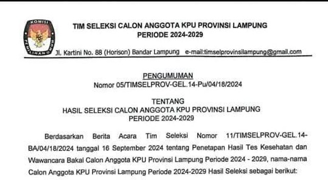 Pengumuman hasil seleksi calon anggota KPU Provinsi Lampung periode 2024-2029 | Foto : Ist