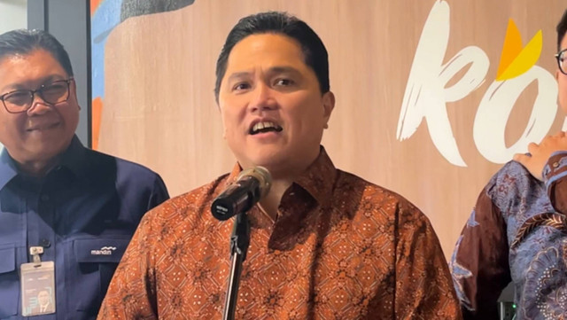 Menteri Badan Usaha Milik Negara (BUMN) Erick Thohir usai peresmian Mandiri Digital Tower di Jakarta Barat, Rabu (18/9/2024). Foto: Widya Islamiati/kumparan