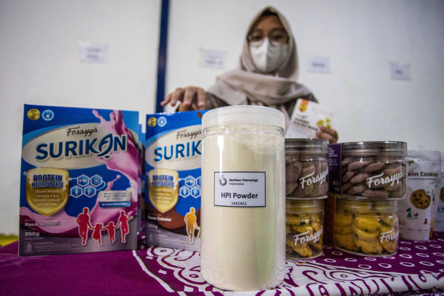 Pekerja menunjukkan produk makanan dari ekstrak protein ikan atau Hidrolisat Protein Ikan (HPI) di PT Berikan Bahari Indonesia di Kandanghaur, Indramayu Jawa Barat, Rabu (18/9/2024). Foto: Dedhez Anggara/Antara Foto