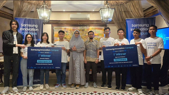 Pemenang Samsung Innovation Campus (SIC) Batch 5 kategori universitas, dari Binus Alam Sutera, dan kategori SMA sederajat dari MAN Insan Cendekia Tanah Laut, Kalimantan Selatan. Foto: Aditya Panji/kumparan