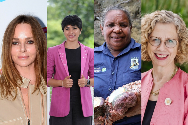 Deretan perempuan pejuang lingkungan (ki-ka) Stella McCartney, Farwiza Farhan, Almina Kacili, Inger Andersen. Foto: AFP, kumparan, YKAN, UN environment programme.