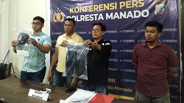 Polresta Manado saat menggelar jumpa pers terkait kasus meninggalnya seorang siswa SMK Negeri 3 Manado saat sedang menjalani magang atau praktik kerja lapangan di salah satu hotel di Manado.