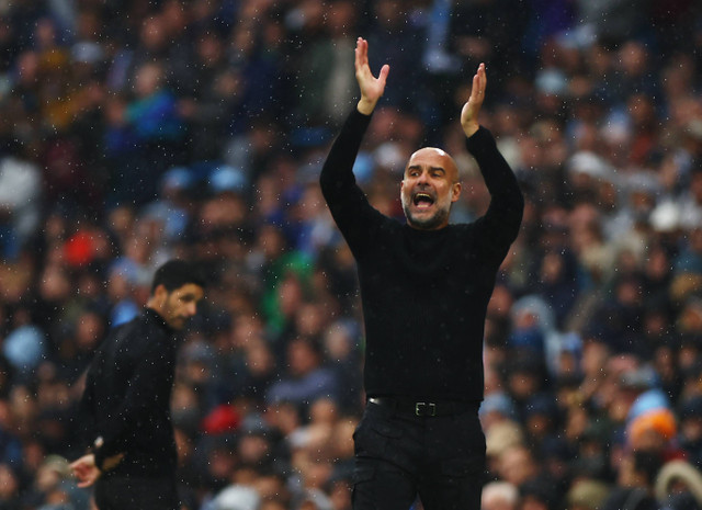 Ekspresi Pep Guardiola saat Man City vs Arsenal dalam lanjutan Liga Inggris 2024/25 di Stadion Etihad, Manchester, Inggris, Minggu (22/9/2024). Foto: Molly Darlington/REUTERS