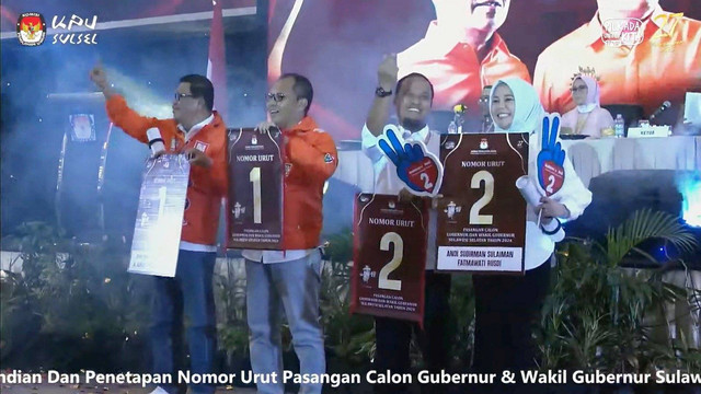 Pengundian dan penetapan nomor urut paslon calon gubernur dan wakil gubernur Sulawesi Selatan. Foto: Youtube/KPU SULSEL