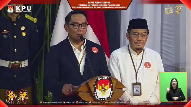 Ridwan Kamil - Suswono memberi sambutan usai mendapatkan nomor urut 1 pada Pilgub Jakarta di KPUD Jakarta, Senin (23/9/2024). Foto: YouTube/ KPU PROVINSI DKI JAKARTA 