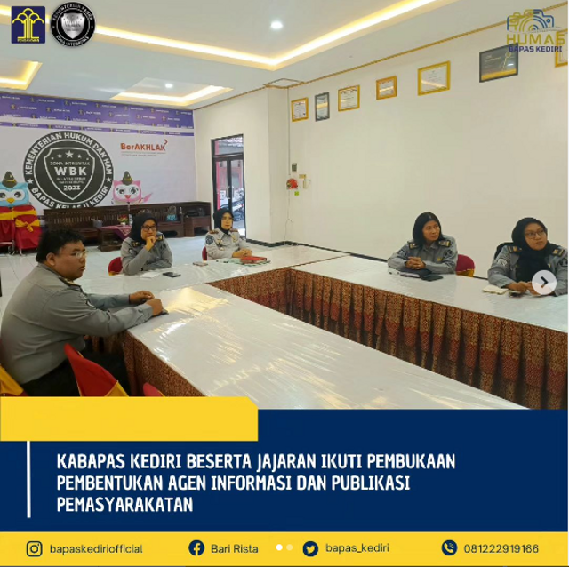 Ka. Bapas Kediri beserta jajaran Mengikuti Secara Virtual Pembukaan Pembentukan Agen Informasi dan Publikasi Pemasyarakatan di aula Dewi Sartika Bapas Kediri