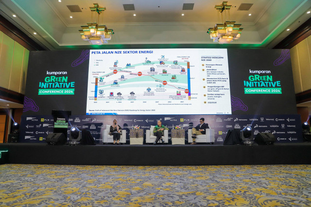 Direktur Manajemen Risiko Pertamina New & Renewable Iin Febrian dan Direktur Aneka Energi Baru Terbarukan Kementerian ESDM Andiah Feby Misna saat sesi panel kumparan Green Initiative Conference 2024 di Hotel Borobudur, Jakarta, Rabu (25/9/2024). Foto: Jamal Ramadhan/kumparan