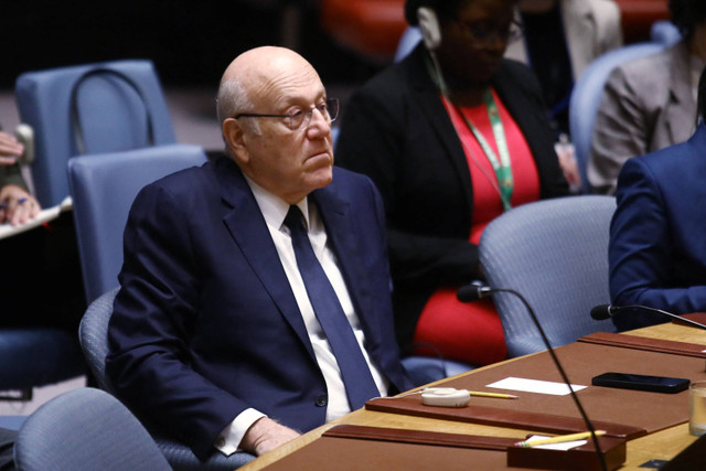 Perdana Menteri Lebanon Najib Mikati menghadiri pertemuan Dewan Keamanan PBB di markas besar PBB di New York pada 25 September 2024. Foto: Leonardo Munoz/AFP