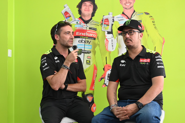 Team Director Pertamina Enduro VR46 Racing Team Alessio Salucci (kanan) bersama Team Manager Pertamina Enduro VR46 Racing Team Pablo Nieto saat diwawancarai oleh Tim Energia (kiri) jelang race MotoGP Pertamina Grand Prix of Indonesia 2024 di Pertamina Mandalika International Circuit, Kuta, Lombok Tengah, Nusa Tenggara Barat pada Jumat (27/9/2024).