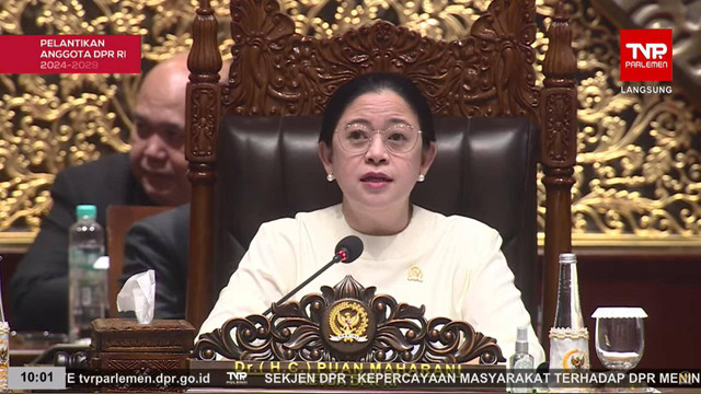 Sambutan Ketua DPR RI Puan Maharani saat Rapat Paripurna DPR RI ke 8 Masa Persidangan 1 Tahun Sidang 2024-2025 di Gedung DPR, Jakarta, Minggu (30/9/2024). Foto: YouTube/ DPR RI