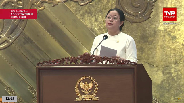 Ketua DPR RI Puan Maharani saat Rapat Paripurna DPR RI ke 8 Masa Persidangan 1 Tahun Sidang 2024-2025 di Gedung DPR, Jakarta, Minggu (30/9/2024). Foto: YouTube/ DPR RI