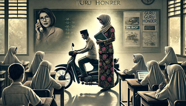 Berikut adalah ilustrasi terbaru yang menggambarkan seorang guru honorer Indonesia tanpa motor di latar belakang. Fokus utama tetap pada perjuangan sang guru dalam mengajar dan mencari penghasilan tambahan melalui usaha lain. Kelasnya menunjukkan keterbatasan, sementara cahaya dari jendela membawa harapan untuk masa depan yang lebih baik. Poto by AI