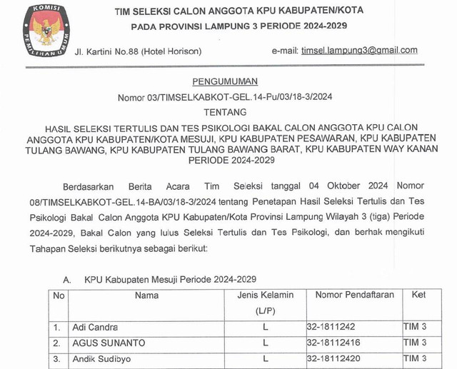 Pengumuman hasil seleksi tertulis dan tes psikologi bakal calon anggota KPU Kabupaten/kota Provinsi Lampung Zona 3 | Foto : Tangkaplayar