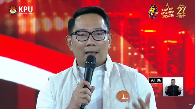 Pasangan Ridwan Kamil-Suswono saat debat pertama pasangan Calon Gubernur dan Wakil Gubernur DKI Jakarta tahun 2024 di JIExpo Kemayoran, Jakarta, Minggu (6/10/2024). Foto: YouTube/ KPU PROVINSI DKI JAKARTA 