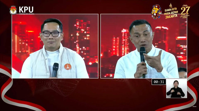 Proses debat pertama pasangan Calon Gubernur dan Wakil Gubernur DKI Jakarta tahun 2024 di JIExpo Kemayoran, Jakarta, Minggu (6/10/2024). Foto: YouTube/ KPU PROVINSI DKI JAKARTA 