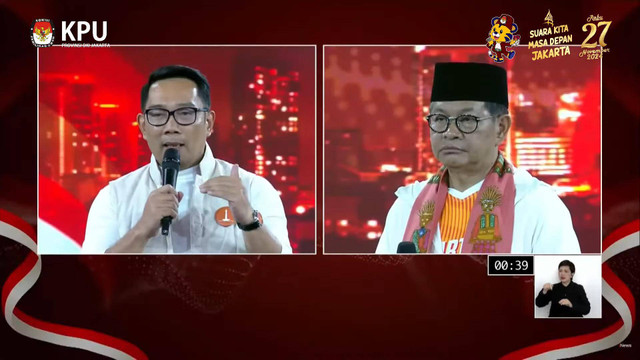 Proses debat pertama pasangan Calon Gubernur dan Wakil Gubernur DKI Jakarta tahun 2024 di JIExpo Kemayoran, Jakarta, Minggu (6/10/2024). Foto: YouTube/ KPU PROVINSI DKI JAKARTA 