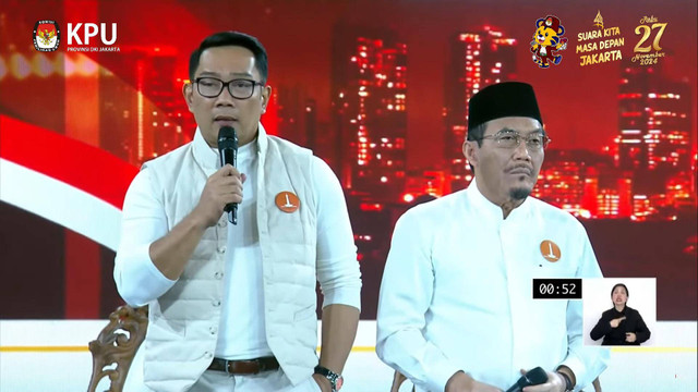 Proses debat pertama pasangan Calon Gubernur dan Wakil Gubernur DKI Jakarta tahun 2024 di JIExpo Kemayoran, Jakarta, Minggu (6/10/2024). Foto: YouTube/ KPU PROVINSI DKI JAKARTA 