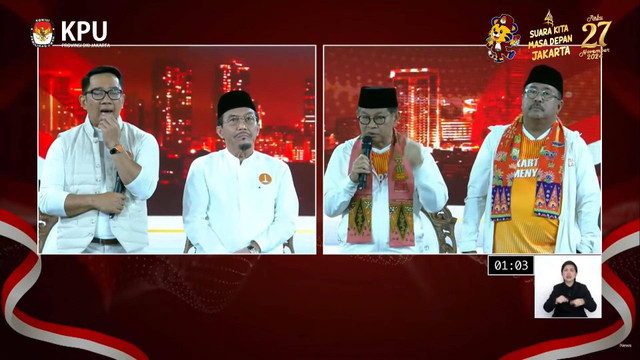 Proses debat pertama pasangan Calon Gubernur dan Wakil Gubernur DKI Jakarta tahun 2024 di JIExpo Kemayoran, Jakarta, Minggu (6/10/2024). Foto: YouTube/ KPU PROVINSI DKI JAKARTA 