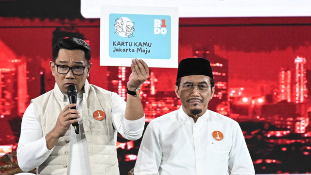 Pasangan Cagun dan Cawagub DKI Jakarta nomor urut satu Ridwan Kamil dan Suswono menunjukkan mock up Kartu Kamu Jakarta Maju pada debat pertama Pilgub Jakarta di JIExpo Kemayoran, Jakarta, Minggu (6/10/2024). Foto: Aprillio Akbar/ANTARA FOTO