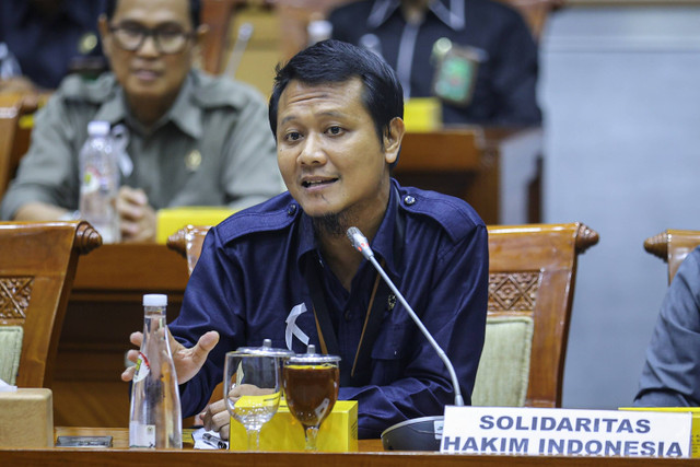 Perwakilan Koordinator Solidaritas Hakim Indonesia Rangga Lukita Desnata menyampaikan paparan dalam audiensi dengan Pimpinan DPR di Kompleks Parlemen, Senayan, Jakarta, Selasa (8/10/2024). Foto: Dhemas Reviyanto/ANTARA FOTO