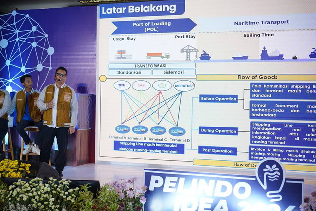 Pierre Rochel Tumbol bersama rekannya dalam menyampaikan presentasi inovasinya bernama Infinity. Foto: Dok. Pelindo