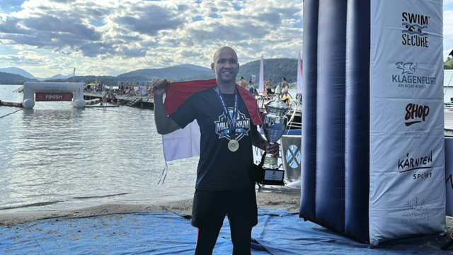 Perenang Indonesia Benhart Hutabarat berhasil jadi perenang Indonesia pertama yang menyelesaikan Renang Perairan terbuka sejauh 34 km, selama hampir 12 jam di Danau Worthersee, Austria (8/9/2024). Foto: Dok. Istimewa