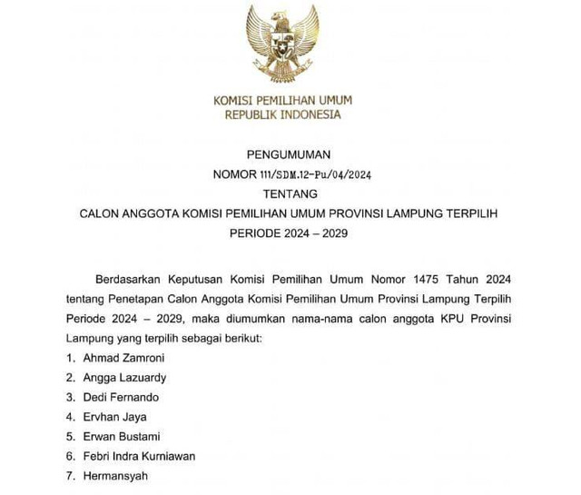 Pengumuman Anggota KPU Lampung terpilih periode 2024-2029 | Foto : Ist