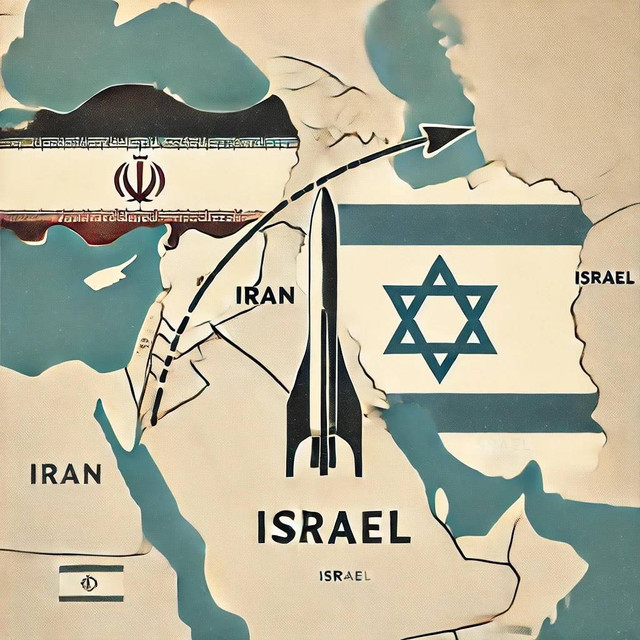 Peta ini mengilustrasikan lokasi geografis Iran dan Israel, dilengkapi dengan panah simbolis yang merepresentasikan arah jalur potensi rudal. Desain minimalis, yang mencantumkan bendera masing-masing negara, mencerminkan ketegangan geopolitik yang berlangsung di kawasan Timur Tengah. Gambar ini bertujuan untuk menyediakan gambaran visual yang netral terkait dinamika hubungan internasional antara kedua negara, serta mendorong pemahaman yang lebih mendalam mengenai kompleksitas isu keamanan dan politik yang memengaruhi interaksi bilateral dalam konteks yang lebih luas. Sumber: Ilustrasi dibuat menggunakan teknologi kecerdasan buatan (AI) melalui platform DALL-E. 