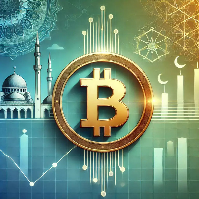 Gambar 1.0 menunjukkan simbol Bitcoin yang dikelilingi elemen arsitektur Islami dan grafik pasar keuangan serta di generate menggunakan AI ChatGPT.