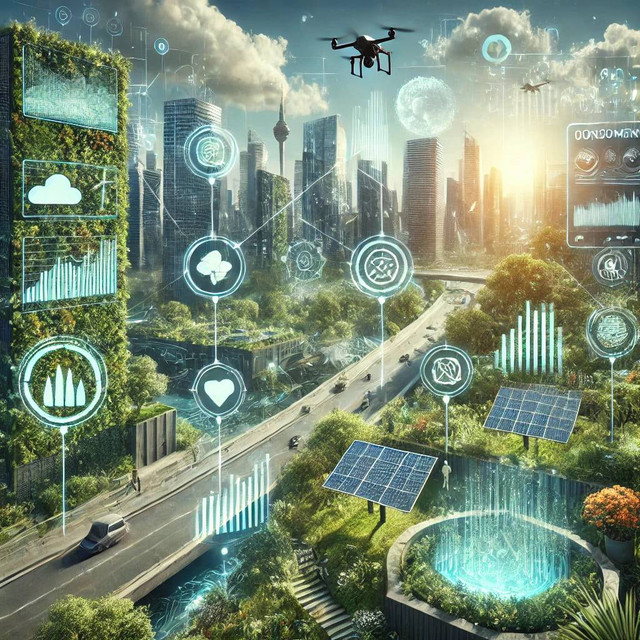 Gambar ini menggunakan konsep tata kelola lingkungan di era digital yang digunakan dalam artikel ini, Gambar ini juga mencerminkan perpanduan antara teknologi modern dan keberlanjutan dengan menampilkan elemen-elemen seperti turbin angin, panel surya dan sistem smart city. (Sumber : Pexels.com)