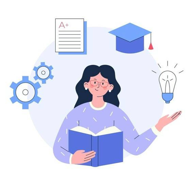 Concept of teaching, online learning and education. Female teacher or tutor with book. Flat vector illustration. Sumber: Vecteezy.com