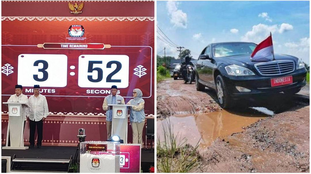 Dua kandidat calon Gubernur Lampung dan Mobil yang ditumpangi Presiden Jokowi melintasi jalan rusak di Jalan Ryacudu Kabupaten Lampung Selatan, Jumat (5/5/2023). Foto: Eka Febriani/ Lampung Geh, Dok. Agus Suparto