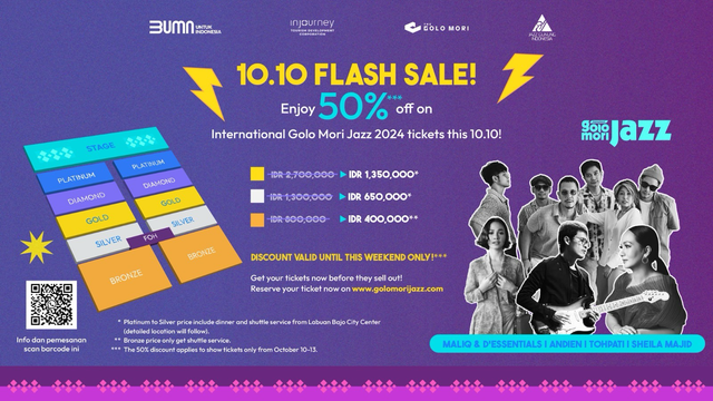 InJourney mengadakan flash sale 10.10 tiket sediakan diskon 50 persen International Golo Mori Jazz 2024 dengan diskon hingga 50 persen. Foto: Dok. InJourney