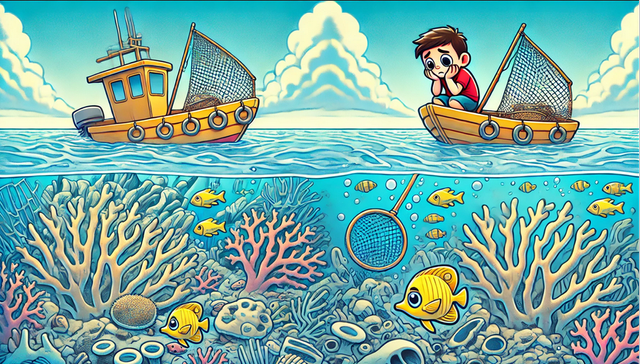 Ilustrasi kerusakan sumber daya perikanan akibat Destructive Fishing (Sumber: Penulis)