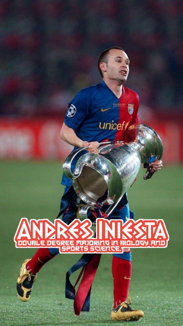 Andres Iniesta atlet sepak bola juga mementingkan pendidikan hingga mendapatkan gelar double degree untuk jurusan biologi dan ilmu olahraga dan juga membuka akademi sepak bola di Singapura bernama Iniesta Academy Singapore ( Foto di gallery lalu saya edit).
