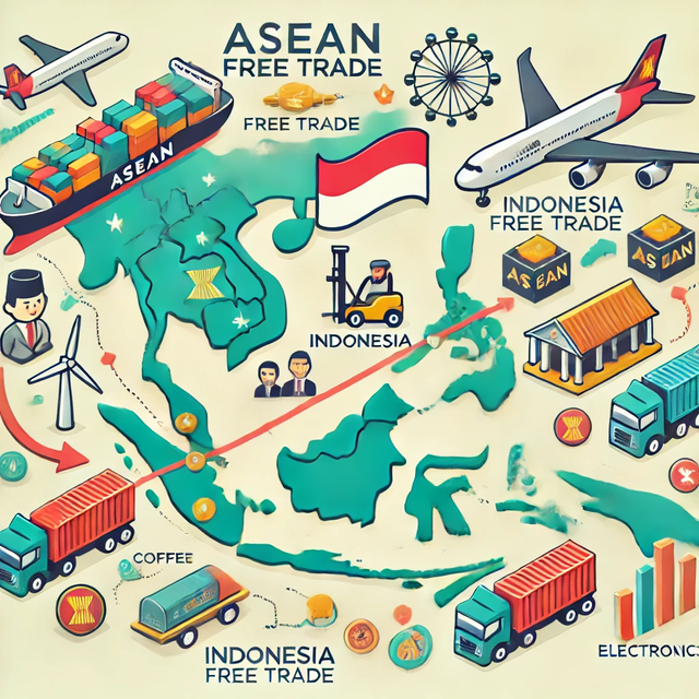 Ilustrasi peran Indonesia dalam perdagangan bebas ASEAN, menunjukkan arus perdagangan, komoditas, dan pertumbuhan ekonomi di kawasan. Sumber : Dibuat menggunakan AI, berdasarkan visualisasi peran Indonesia dalam perdagangan bebas ASEAN