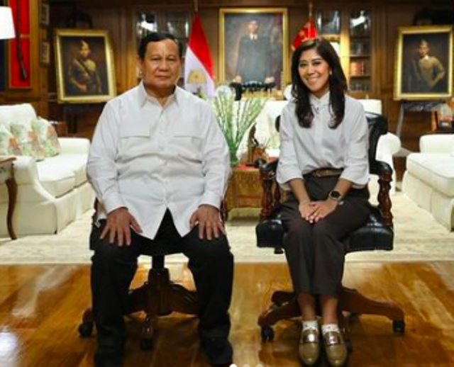 Prabowo dan Meutya Hafid usai pembekalan calon menteri Hambalang Retreat, Rabu (16/10/2024). Foto: Instagram/@meutya_hafid