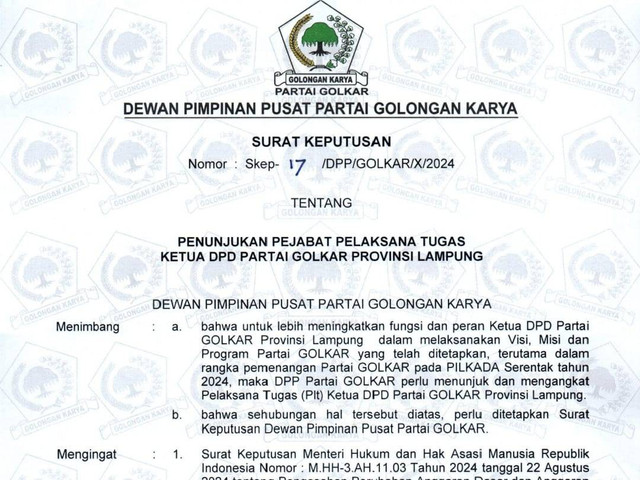 Surat keputusan penunjukan Adies Kadir, yang juga menjabat sebagai Wakil Ketua Umum DPP Golkar sebagai Plt Ketua DPD Golkar Lampung | Foto : Tangkaplayar