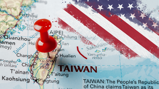 Sumber Gambar: Canva, dibuat oleh penulis. Bendera AS dan peta Taiwan, mengilustrasikan keterlibatan atau dukungan AS terhadap wilayah Taiwan.