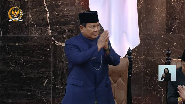 Presiden Prabowo Subianto di Kompleks Parlemen Senayan, Jakarta, Minggu (20/10/2024). Foto: YouTube/MPRGOID