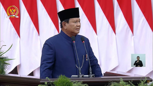 Presiden Prabowo Subianto berpidato usai dilantik menjadi presiden periode 2024-2029 di Gedung Nusantara, kompleks Parlemen, Senayan, Jakarta, Minggu (20/10/2024). Foto: Youtube/ MPRGOID