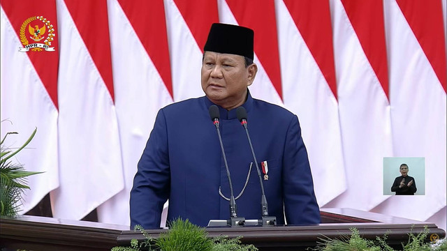 Presiden Prabowo Subianto berpidato usai dilantik menjadi presiden periode 2024-2029 di Gedung Nusantara, kompleks Parlemen, Senayan, Jakarta, Minggu (20/10/2024). Foto: Youtube/ MPRGOID