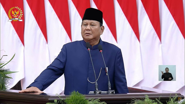 Presiden Prabowo Subianto berpidato usai dilantik menjadi presiden periode 2024-2029 di Gedung Nusantara, kompleks Parlemen, Senayan, Jakarta, Minggu (20/10/2024). Foto: Youtube/ MPRGOID