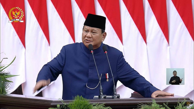 Presiden Prabowo Subianto berpidato usai dilantik menjadi presiden periode 2024-2029 di Gedung Nusantara, kompleks Parlemen, Senayan, Jakarta, Minggu (20/10/2024). Foto: Youtube/ MPRGOID