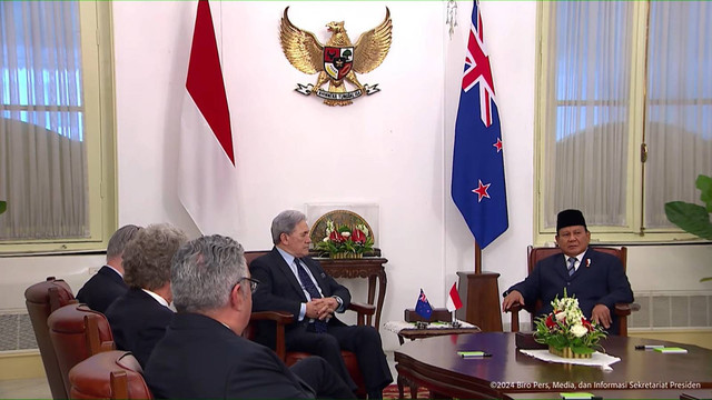 Pertemuan Bilateral Presiden Prabowo Subianto dengan Wakil PM Selandia Baru Winston Peters di Istana Merdeka, Jakarta, Minggu (20/10/2024). Foto: YouTube/Sekretariat Presiden