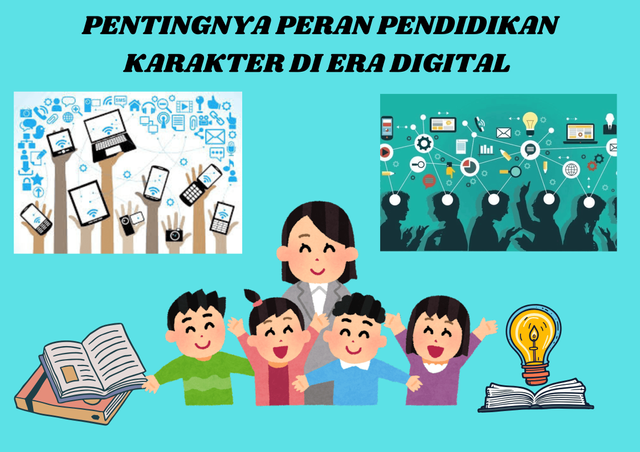 Gambar ini mengajak kita semua untuk lebih memperhatikan pentingnya pendidikan karakter di era digital. Dengan menanamkan nilai-nilai karakter yang kuat pada generasi muda, kita dapat menciptakan masa depan yang lebih baik.  Sumber gambar : Desain sendiri by canva 