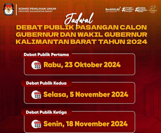 Jadwal debat publik antar paslon Cagub dan Cawagub Kalbar. Foto: Dok. KPU Kalbar