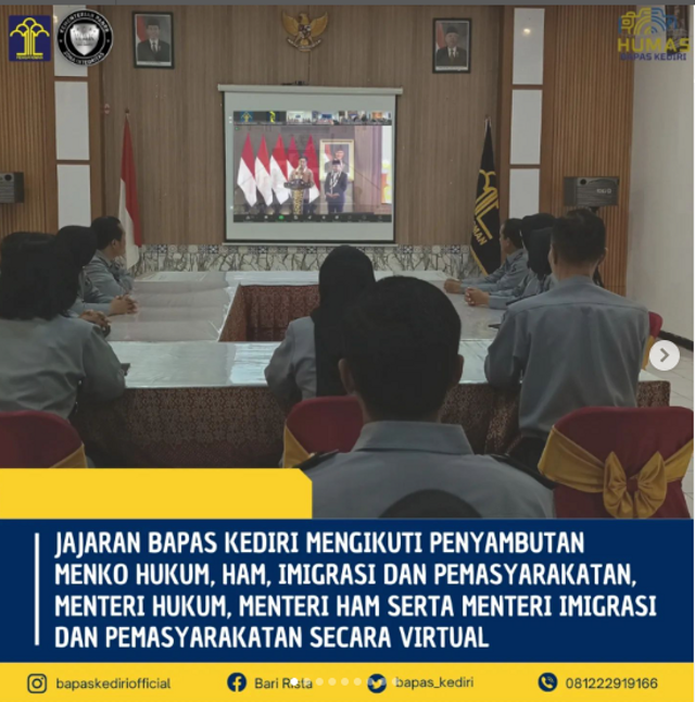 Jajaran Bapas Kediri mengikuti penyambutan Menko Hukum, HAM, Imigrasi dan Pemasyarakatan, Menteri Hukum, Menteri HAM serta Menteri Imigrasi dan Pemasyarakatan secara virtual