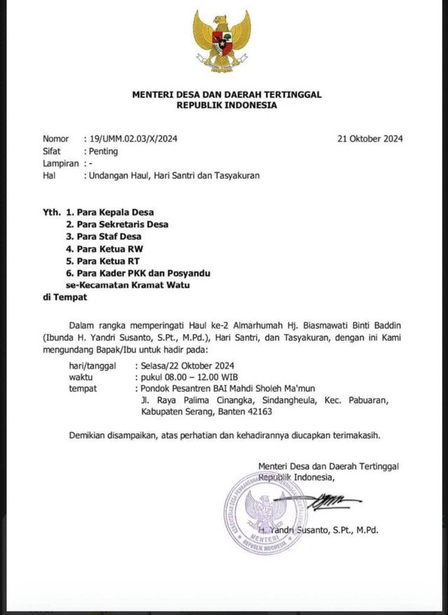 Beredar surat undangan dari Menteri Desa dan Daerah Tertinggal Yandri Susanto kepada para kepala desa RT di Kramat Watu untuk hadir di Haul Ibundanya. Foto: Dok. Istimewa