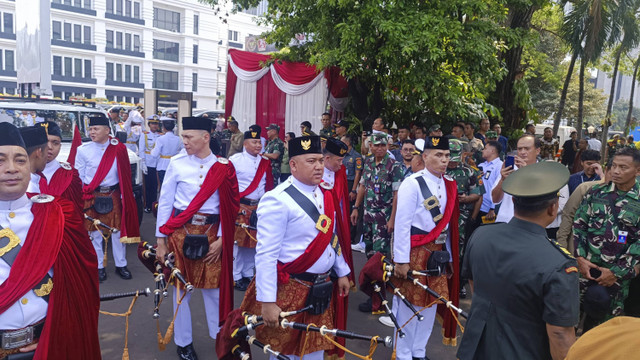 Upacara Penerima dan Penyerahan memorandum Menteri Pertahanan Sjafrie Sjamsoeddin di Kemhan, Jakpus, Selasa (22/10/2024). Foto: Thomas Bosco/kumparan